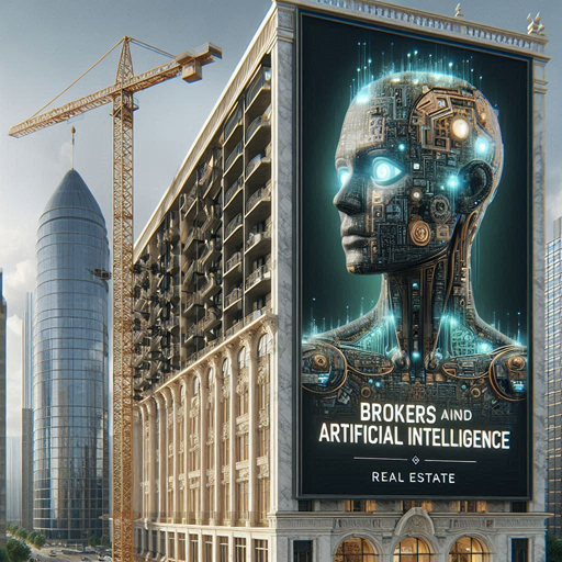 Imagem gerada por inteligência artificial, mostrando um edifício em construção com uma grua, e um outdoor com uma cabeça de autômato.